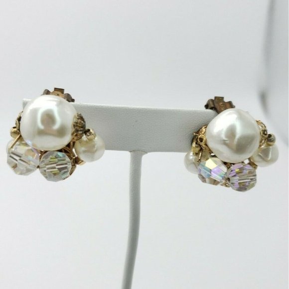 Earrings Clip On Faux Pearl AB Rhinestone Vintage - Picture 2 of 12